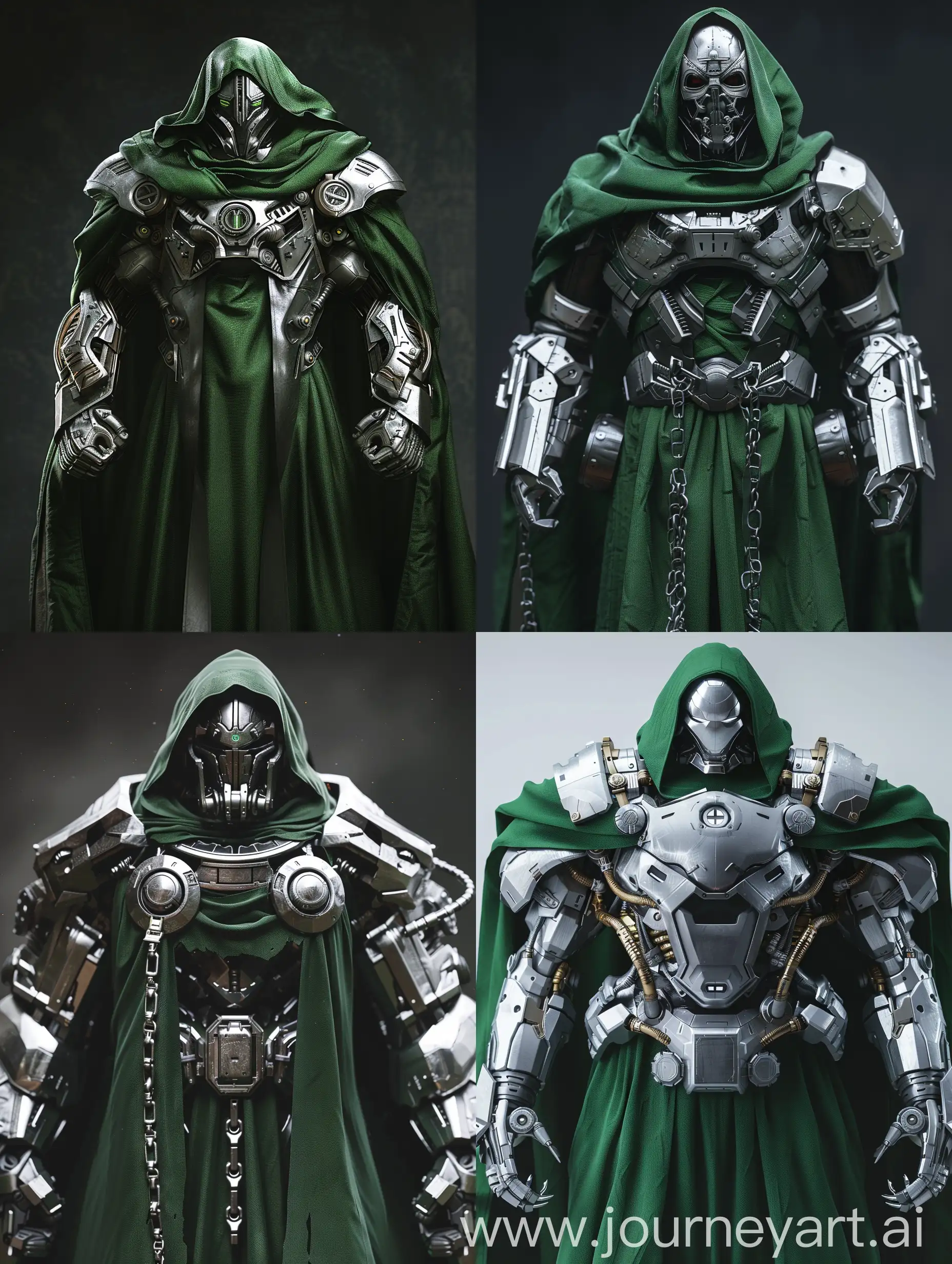 MARVEL (( Dr doom)) SCI FI technology with green robes with silver armour, 8K (ULTRA DETAILED))