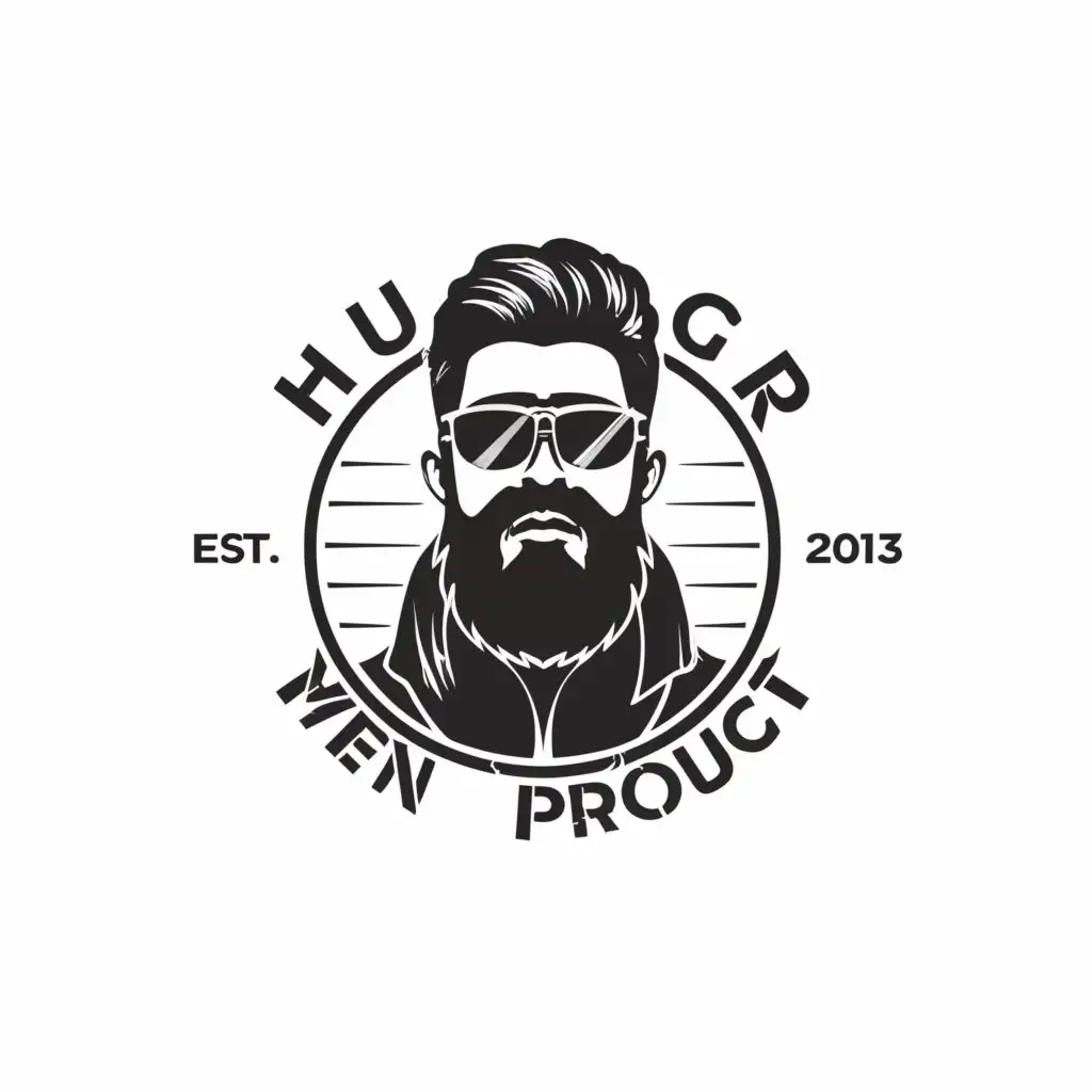 a logo design,with the text "HUGR men product", main symbol:Bold Masculine minimalist brand logo icon black and white with handsome men slimmer face with beard wearing shades for men's product,Moderate,clear background