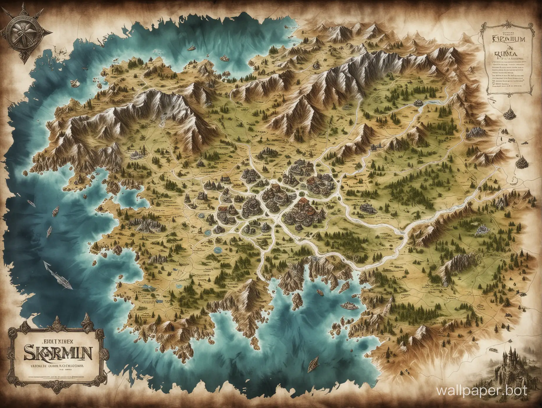 Map of Skyrim, top view, colored, with landscape and settlements