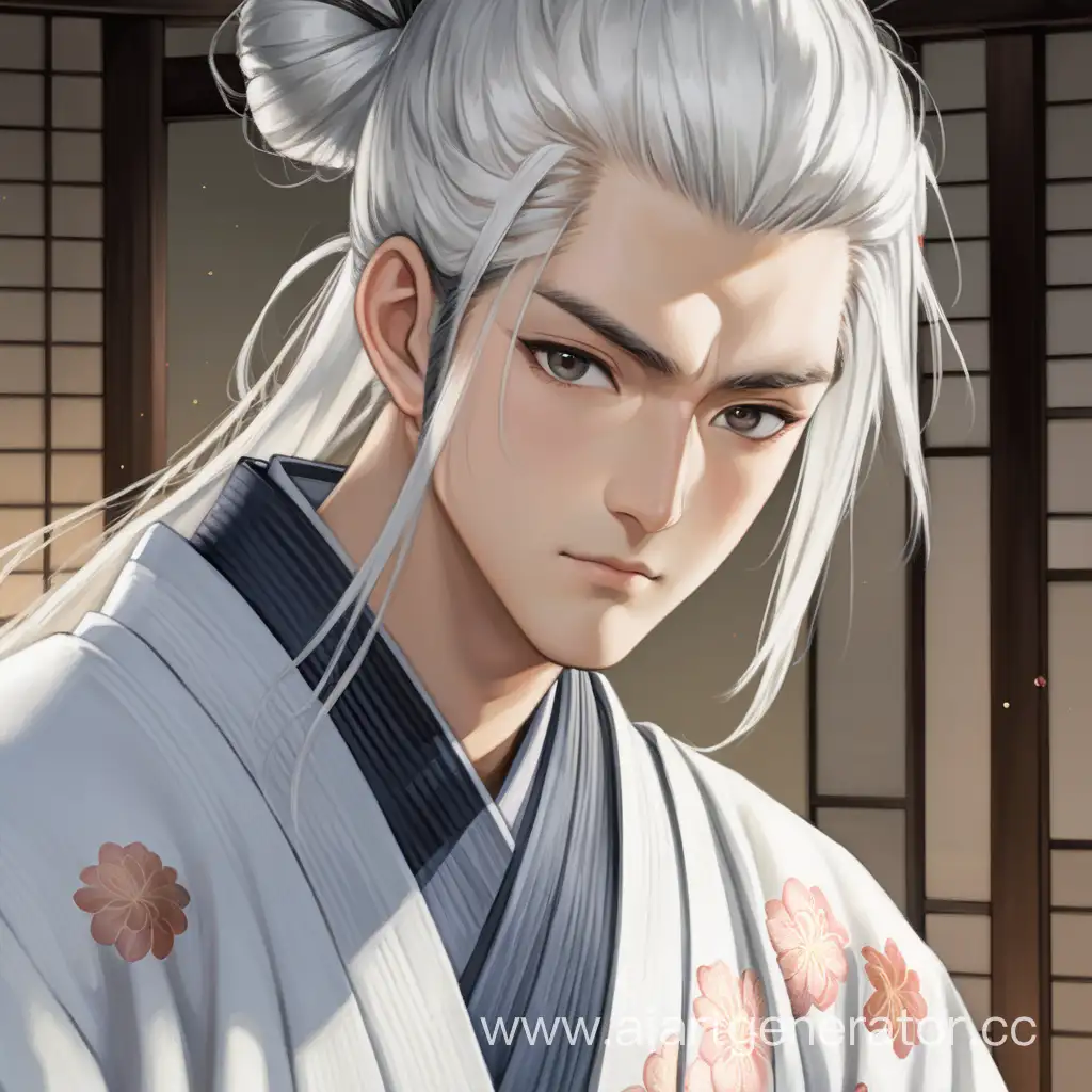 Graceful-Young-Man-in-White-Kimono-with-Long-White-Hair
