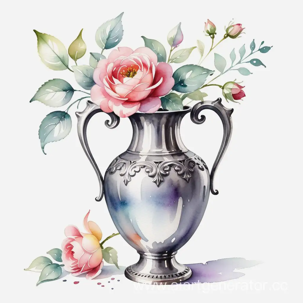 watercolor vintage silver vase on white background