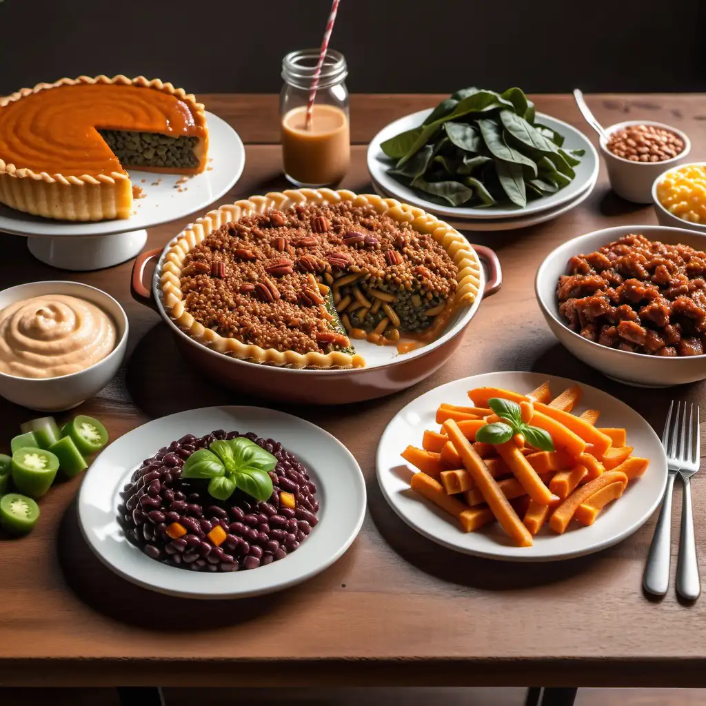 A photorealistic image of a rustic wooden table filled with a variety of delicious plant-based soul food dishes. Some examples of dishes could be a plate of vegan mac and cheese with a side of collard greens, a black bean burger on a whole wheat bun with sweet potato fries, and a slice of vegan pecan pie. The background can be a warm inviting kitchen with exposed brick and stainless steel appliances.