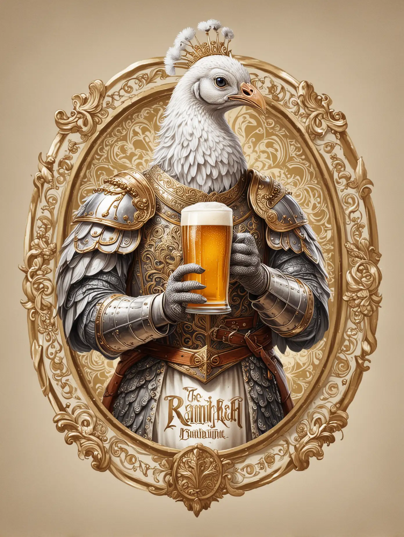 make me an logo from a white peacock dressed as a knight drinking beer. make me a beer label