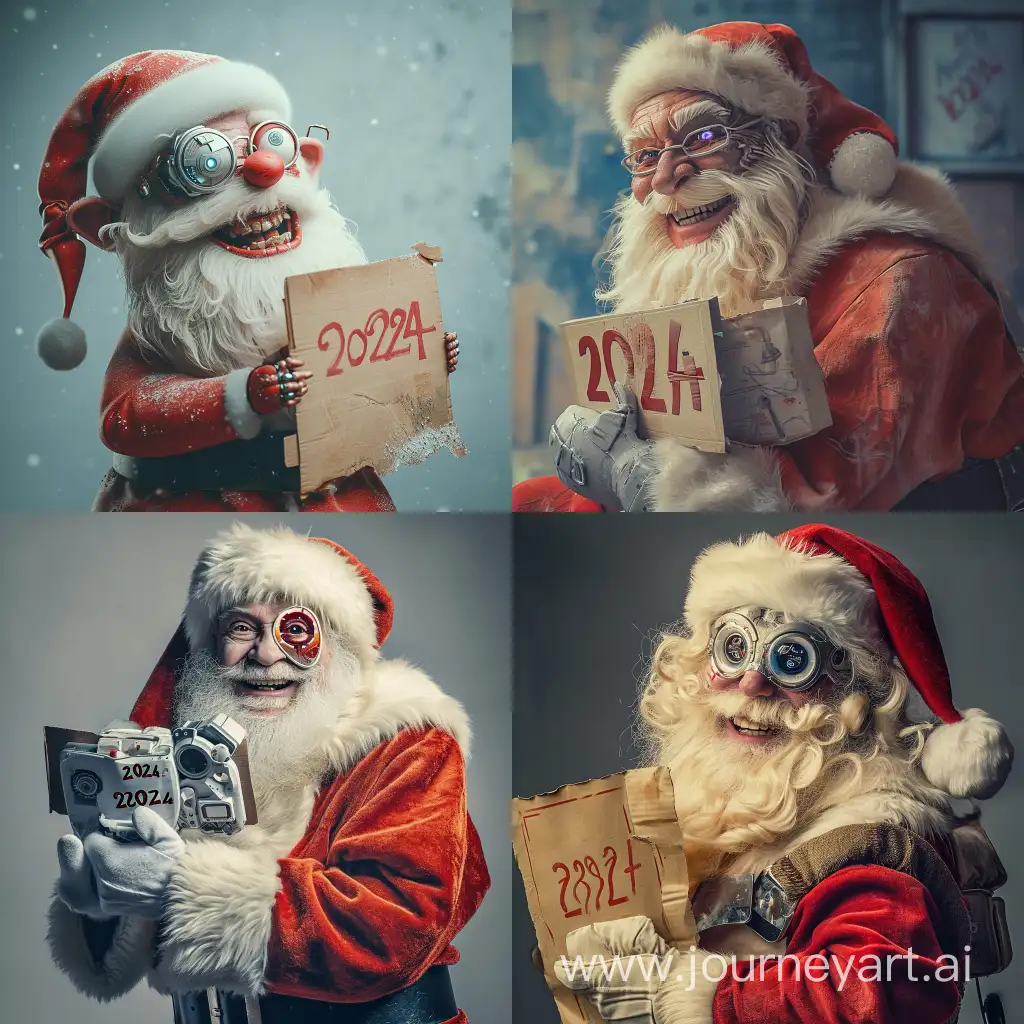 Crazy looking Santa Claus with robotic eye, smiling, holding sign with text "2024",  highly detailed photo, --v 6