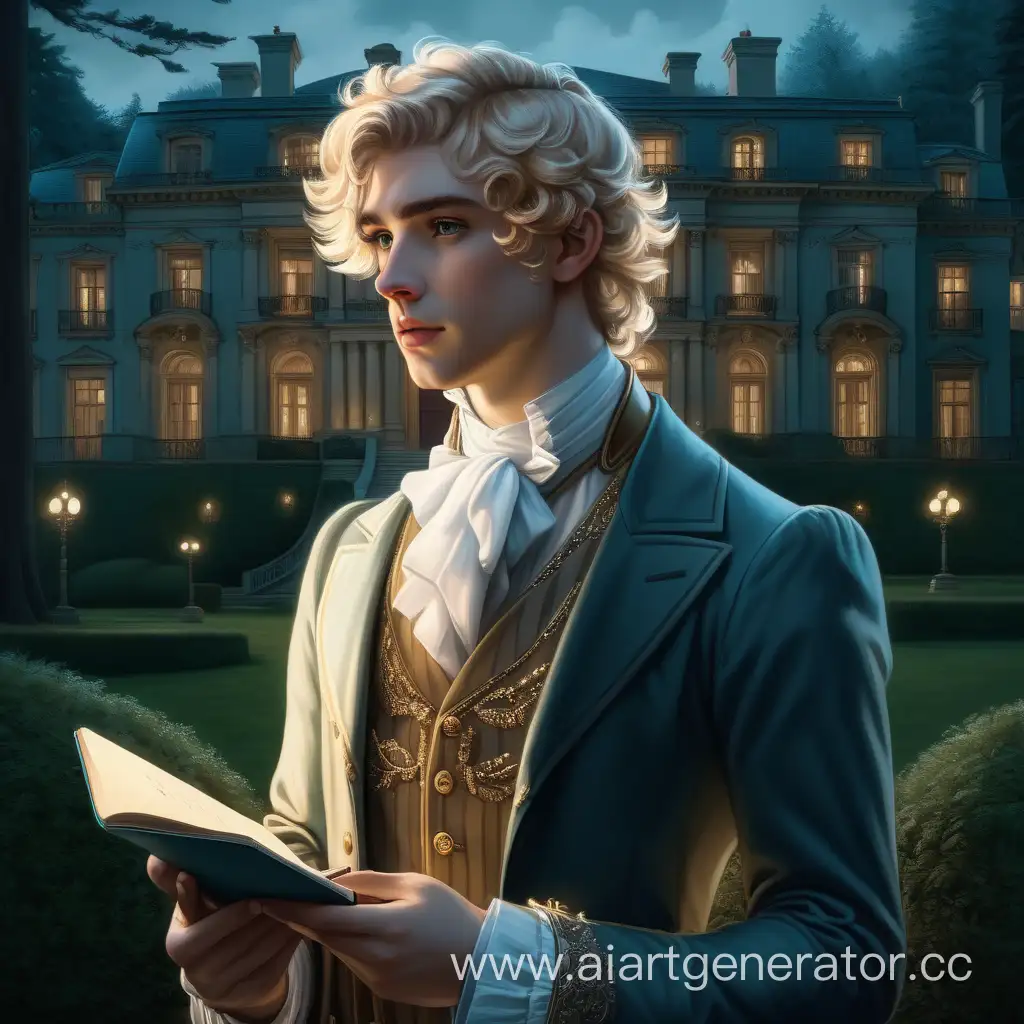 светловолосый юноша писатель, в классической одежде стоит у особняка на фоне тёмного леса