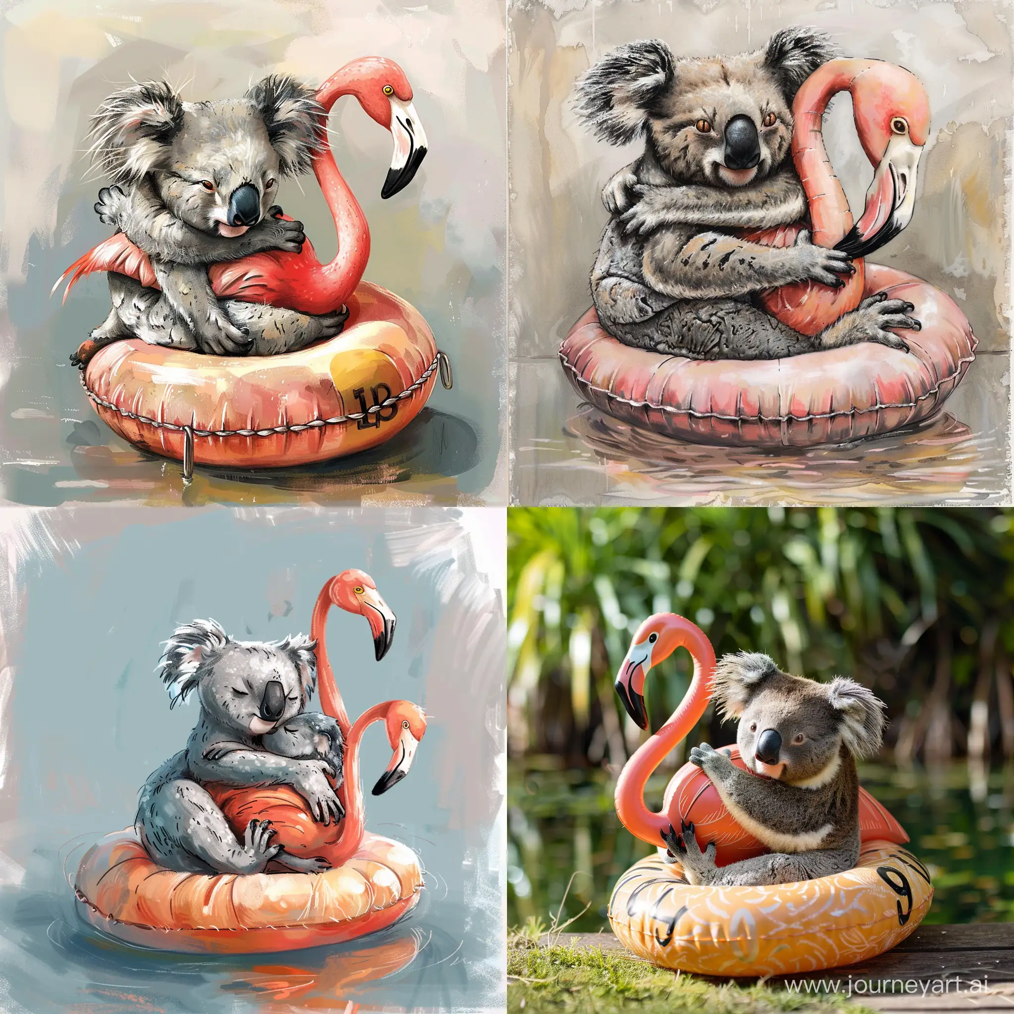 Adorable-Koala-Embracing-a-Flamingo-Floaty