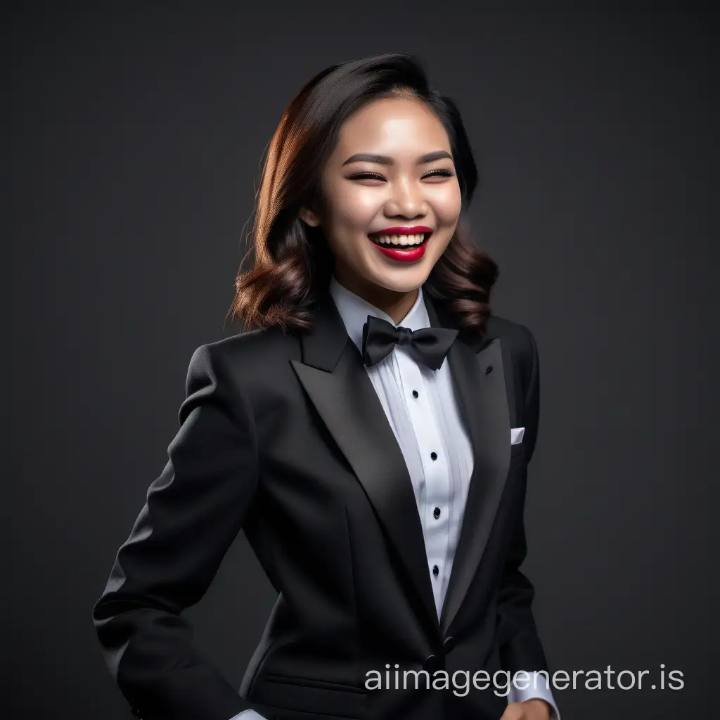 highest quality image of a cute and sophisticated and confident indonesian woman with shoulder length hair and  lipstick wearing a formal black tuxedo with a white shirt with cufflinks and a black bow tie, hands in pockets, laughing and smiling