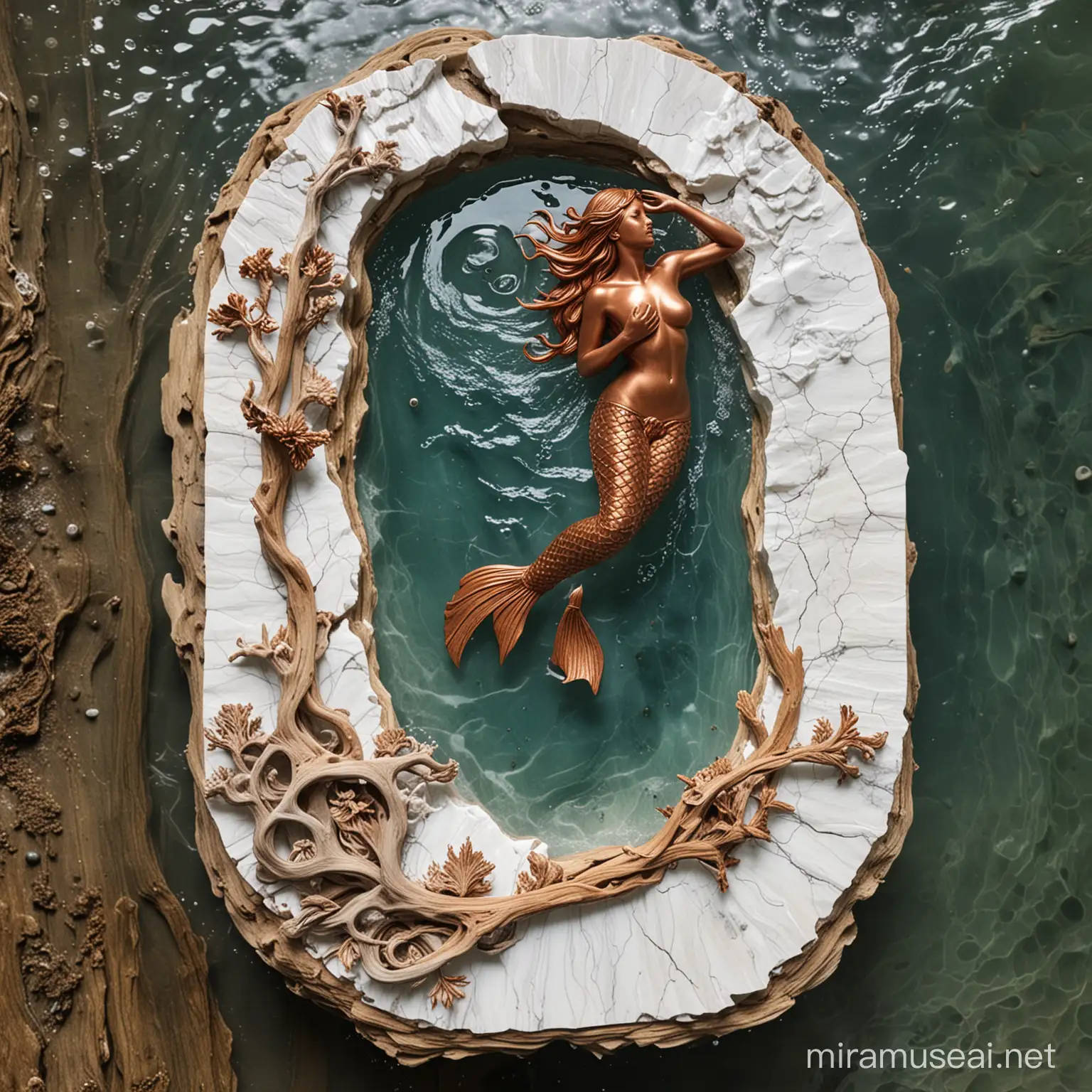 a large slab of white marble with beautiful veins, a shiny copper mermaid figure is centred on the slab, these items are fully submerged under water, a piece of driftwood floats at the side