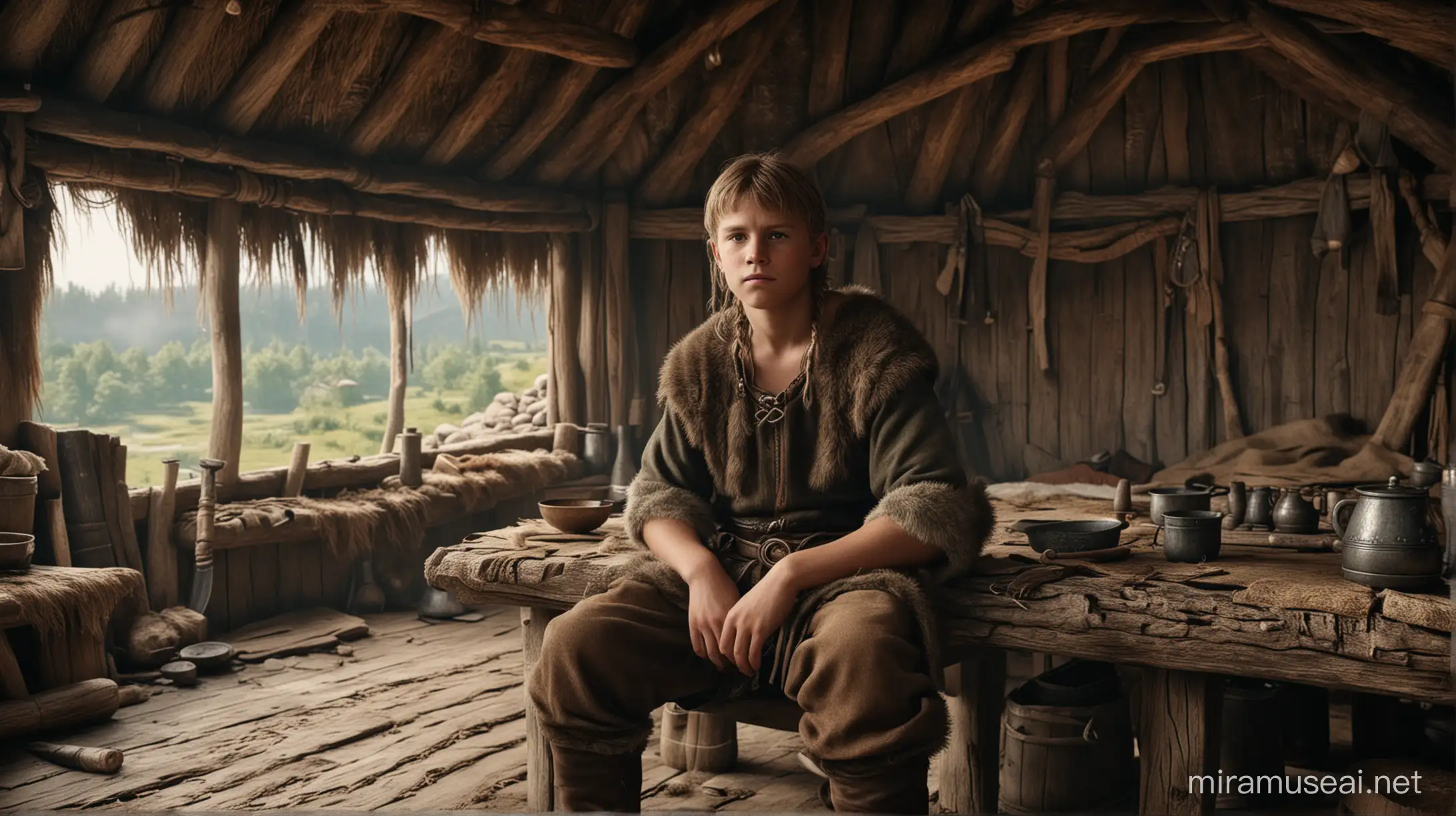 a Viking warrior's son in an Viking village hut when he was 13 years old photorealistic, vibrant, --ar 16:9 --seed 254 --v 5.0