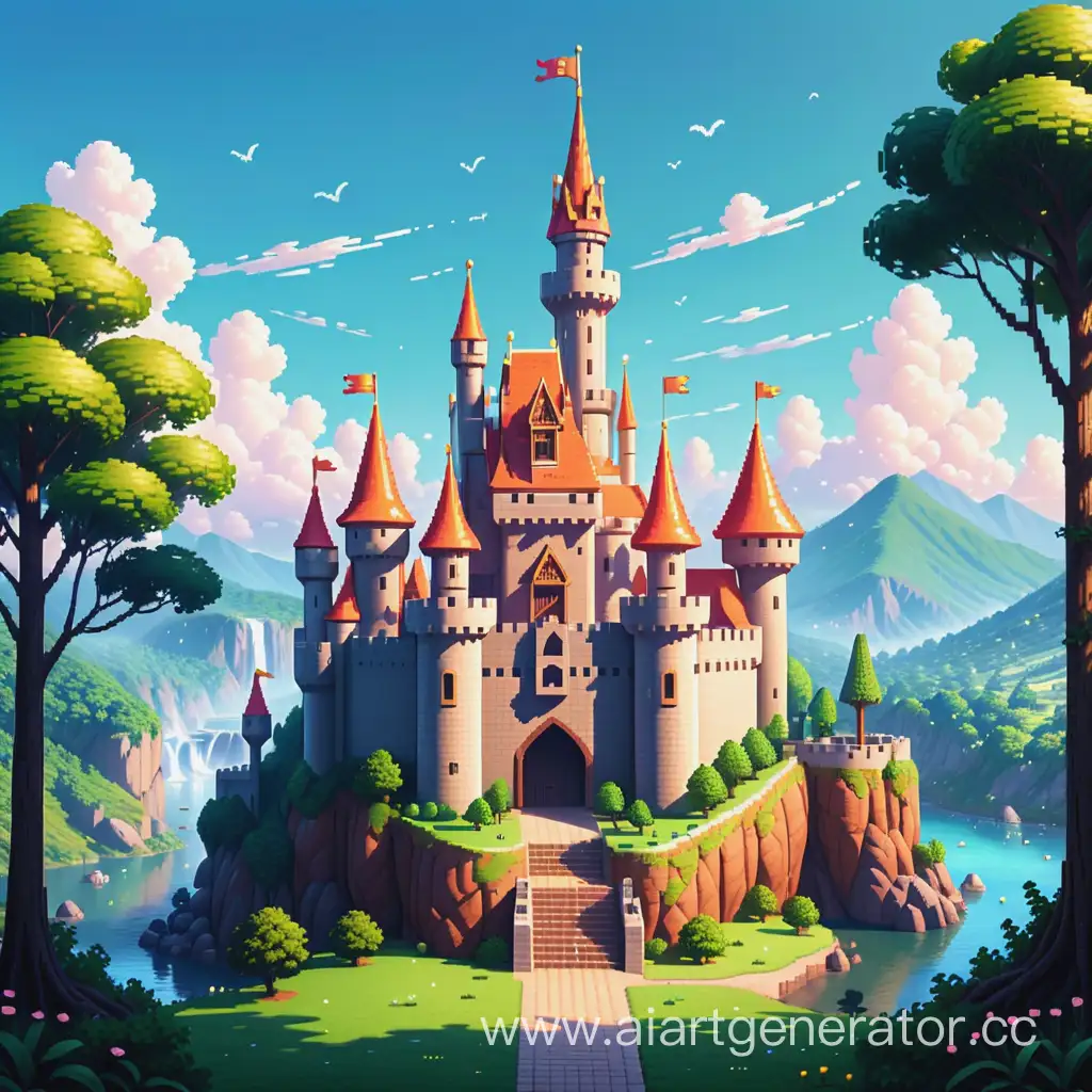Draw a pixel castle. In the middle of it, there is a pixel-style inscription "PixelKingdom".