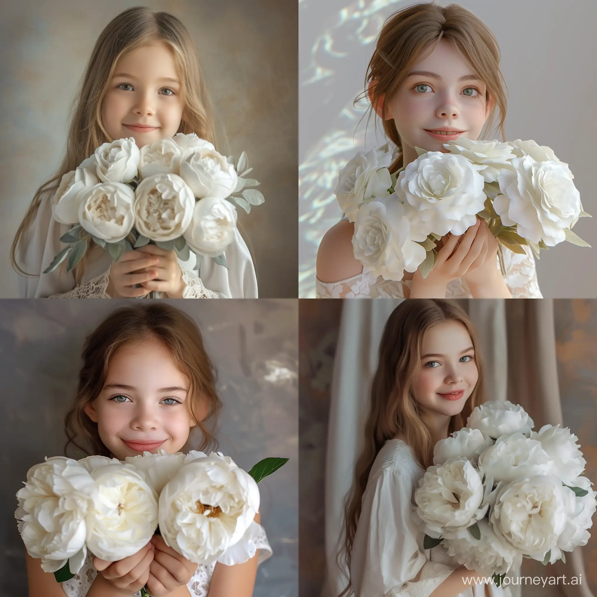 ✨✨✨   Красивая, весёлая девушка 20  держит в руках охапку белых пионовидных роз, полностью в кадре, эстетично, красиво, 3d, реалистично, профессиональное фото, высокая детализация, 30mm lens, 1/250s, f/2.8, ISO 100, мягкое освещение