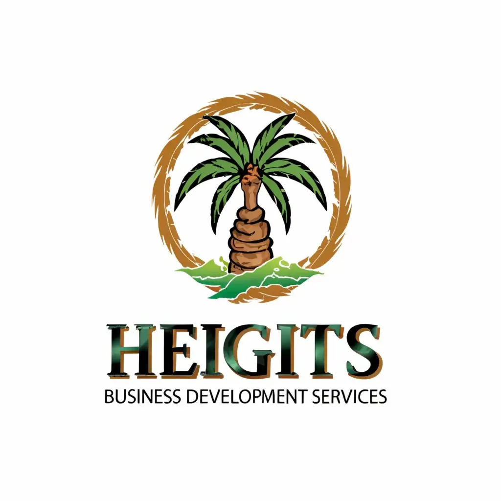 a logo design,with the text "Heights business development services", main symbol:Art of Coconut tree standing in-between two sago palm leaves in a circle,Moderate,clear background