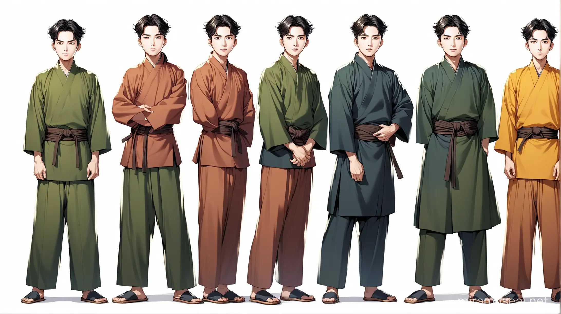 six Korean village men with various pose and expression, they all have the same face, each man has a different korean clothing style and different clothing colors, different pose, different face expression, full body shot, each person stand far away from each other, wide angle, plain white background