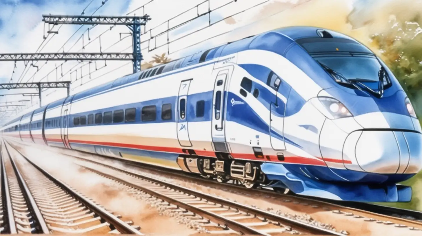 Dynamic Watercolor Illustration of a HighSpeed Train Racing Across the Landscape