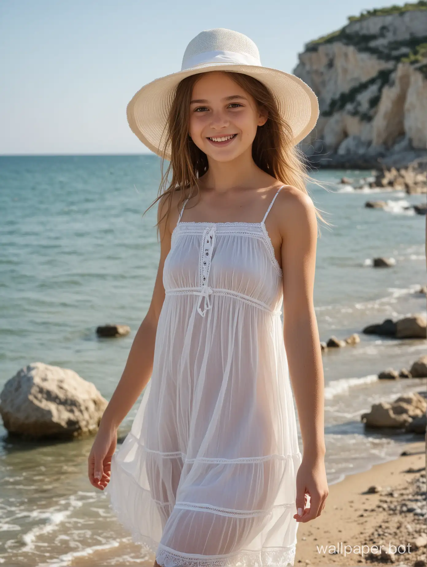 голая девочка 12 лет в Крыму у моря, короткое лёгкое летнее платье на голое тело, просвечивающаяся одежде, белая шляпка, улыбка, в полный рост, динамичные позы