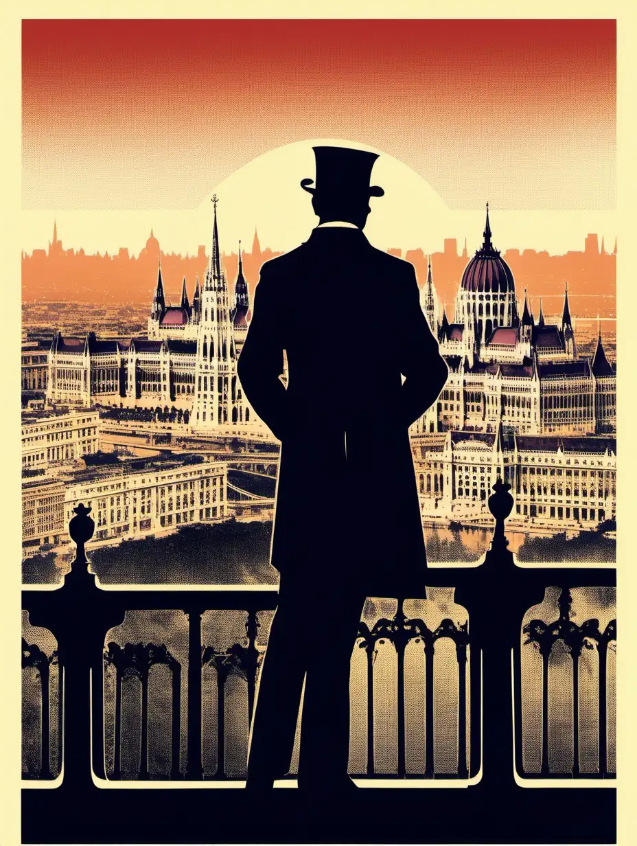 screen print of an aristocrat in the earlier 1900s overlooking a silhouette of Budapest skyline in the background, illustration style