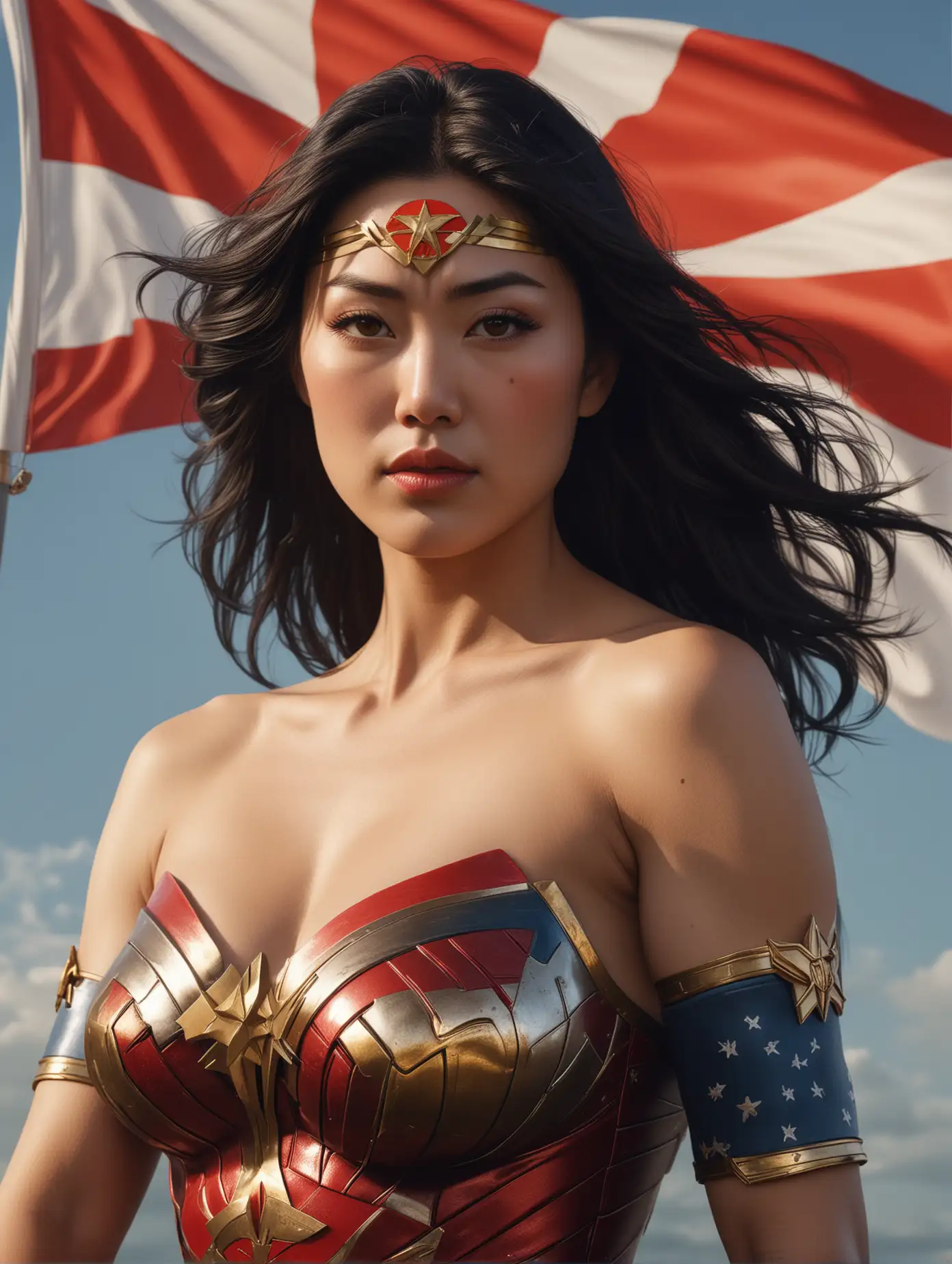 Portrait, Photo by Martin Schoeller, portrait of a well built, thick, Japanese wonderwoman with a red sun Japanese Flag, closeup front, heroic pose, realistic photo of Wonder Woman, long straight black hair, folded arms, large chest, wearing a wonder woman outfit, amazing blue sky, with a Japanese flag, in the background, (masterpiece:1.0), (best quality:1.0), flash photography, realistic, dramatic lighting, analog-photo, artstation, concept art, smooth, sharp focus, award winning work