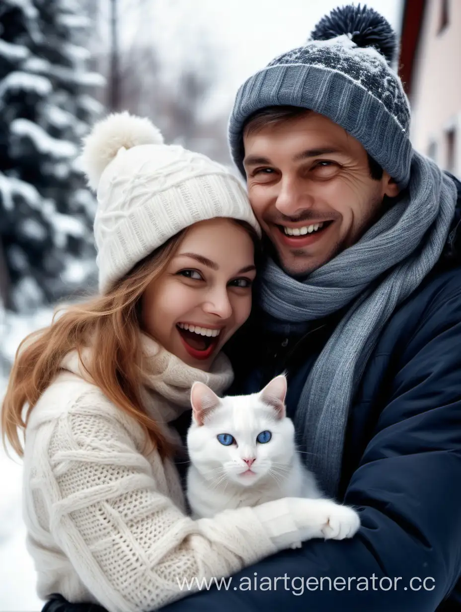счастливая женщина и мужчина. рядом кот. зимние мотивы
