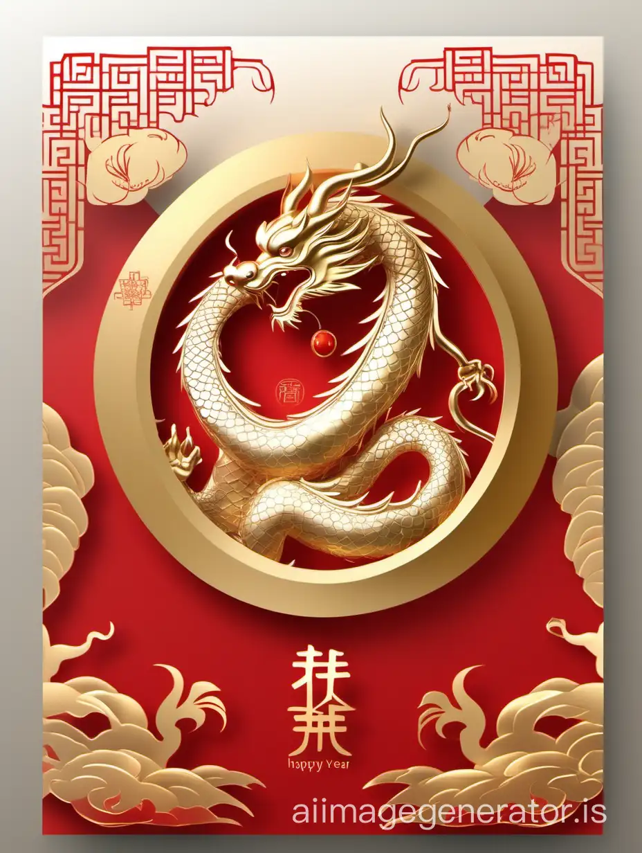 simple design, please design a card for Chinese new year, put "Happy New Year 2024" message, put a 30% translucent Chinese dragon as background, gold, red and silver color