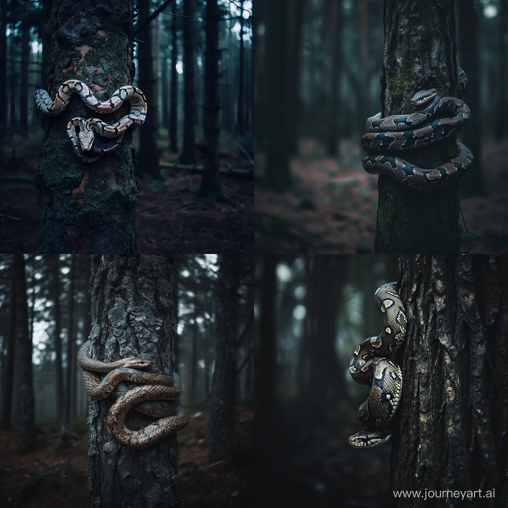 snake wrapped around a tree dark forrest