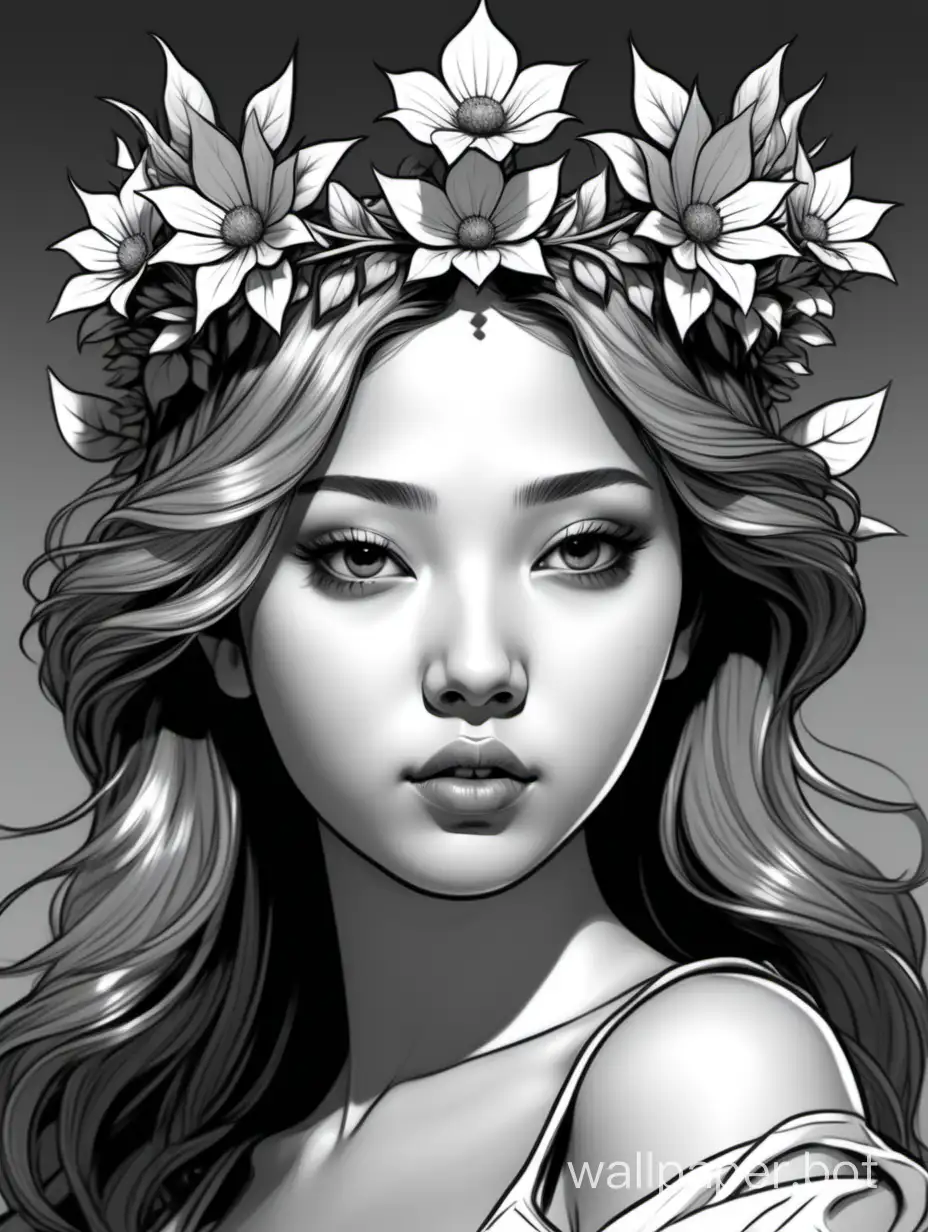 drawing an artistic digital image of a girl that has flowers in the crown, in the style of frank cho, elina karimova, mono-ha, strong facial expression, soft lines and shapes, high resolution, fashwave --ar 6:11 --s 750 --niji 5