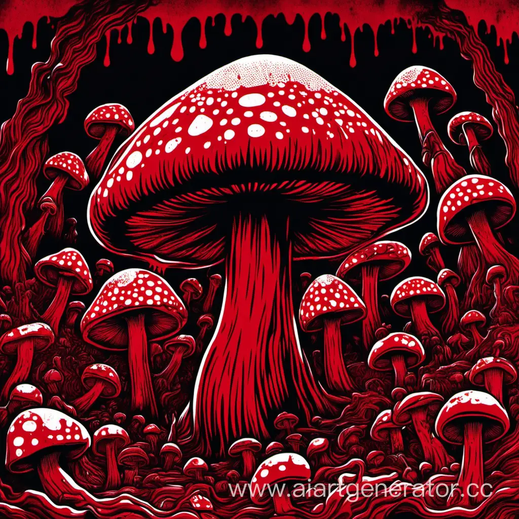psychedelic dark red slasher album cover of bloody mushroom