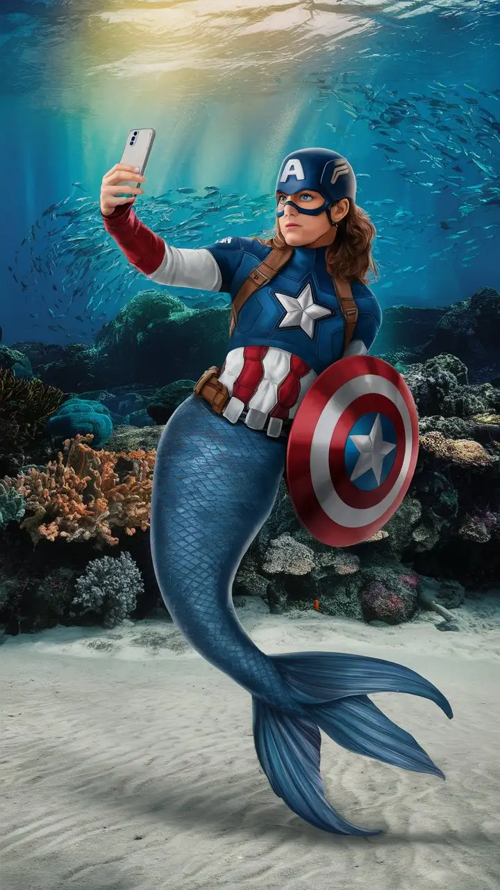 Captain America as a mermaid taking a selfie with her phone. 