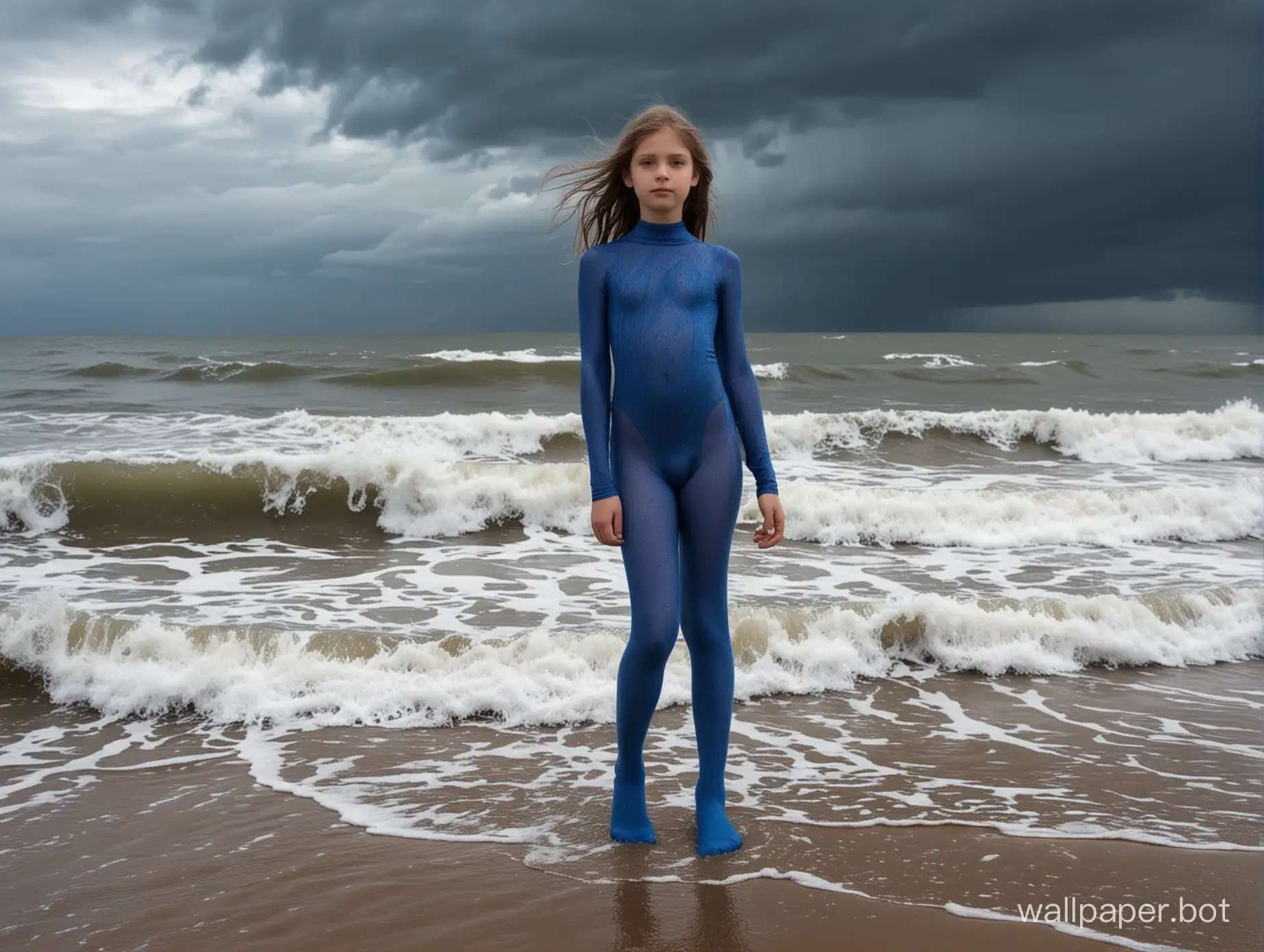 girl 11 years old in a blue bodystocking stands on the shore of a raging sea under a stormy sky