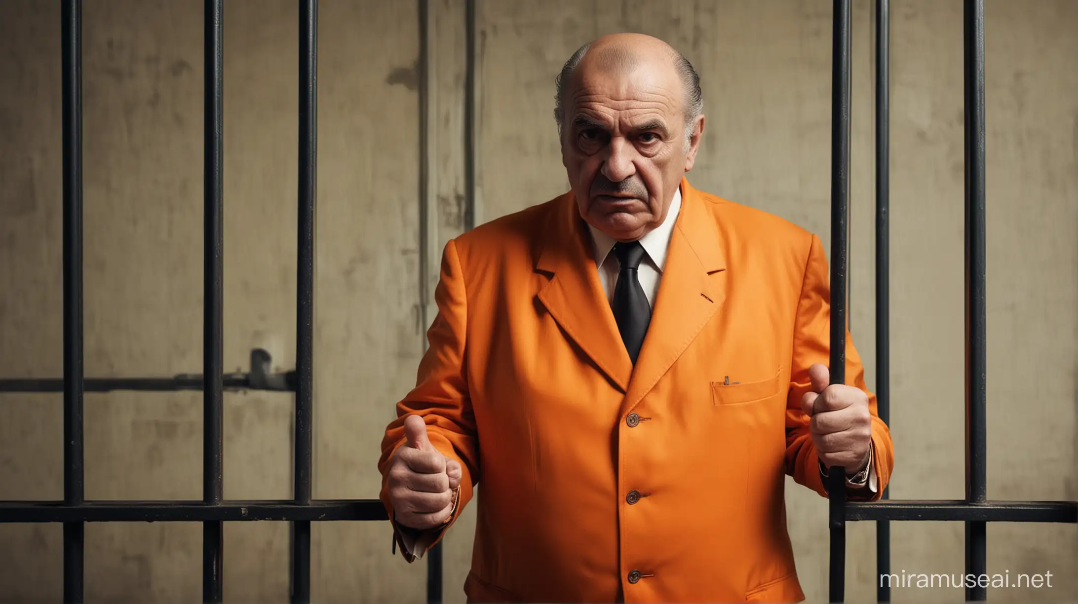 Mafia old boss is arrested in prison. He is wearing orange suit