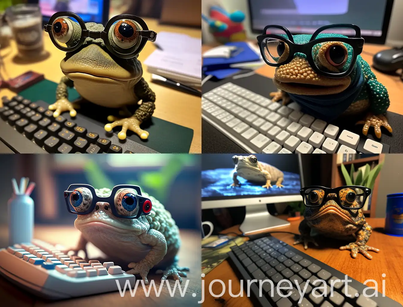 A pixair toad sitting typing at a keyboard looking over his shoulder at you from his glasses sitting on his nose
