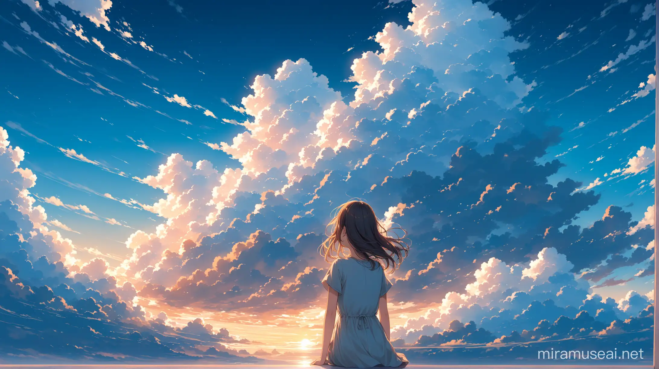 a girl watching the clouds as she falls through the sky far away like the movie weathering with you