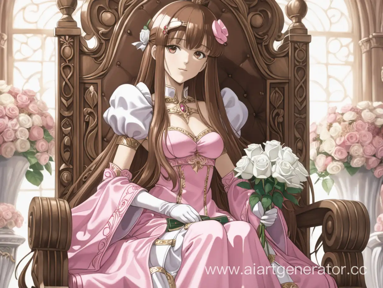 Девушка с длинными коричневыми волосами сидит на троне и держит белую розу одетая в платье розового цвета аниме