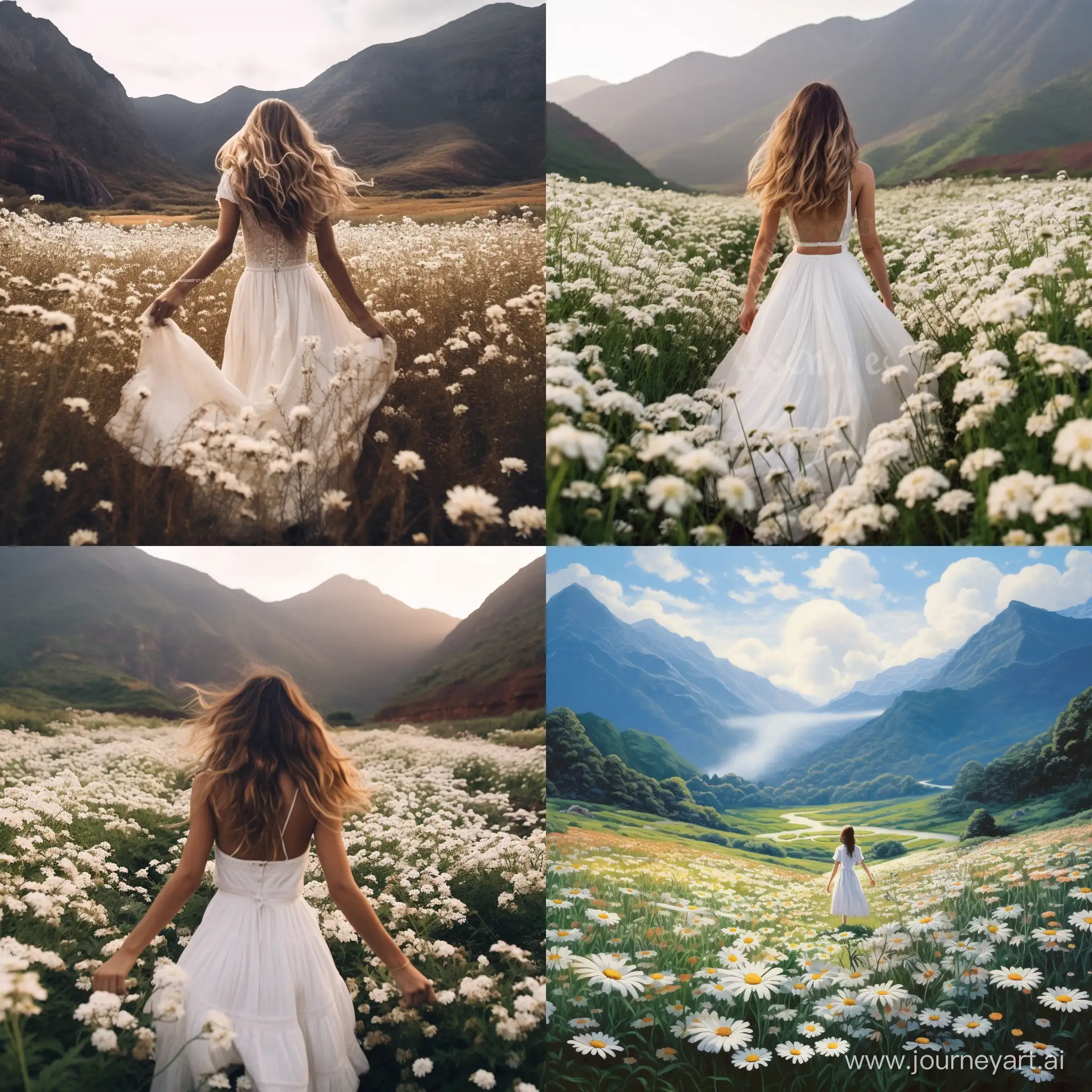 A girl in a white dress with a hand of white flowers in front of a mountain walking in a flower field