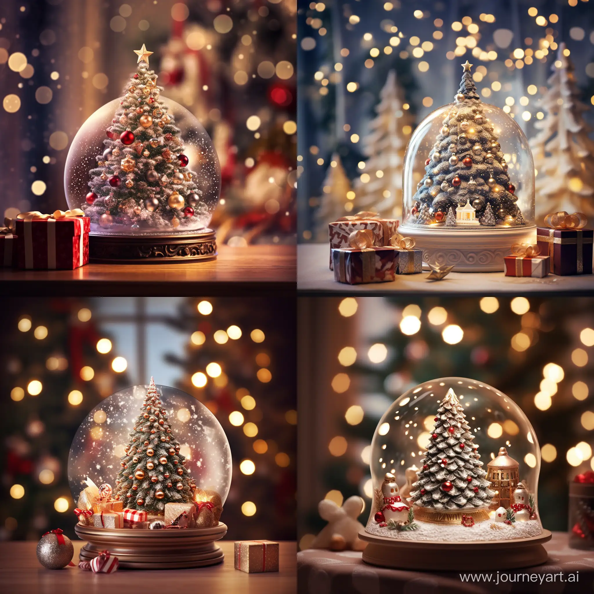 photograph of a snow globe with detailed Christmas tree and presents inside motif, set against a softly blurred Cristmas room background