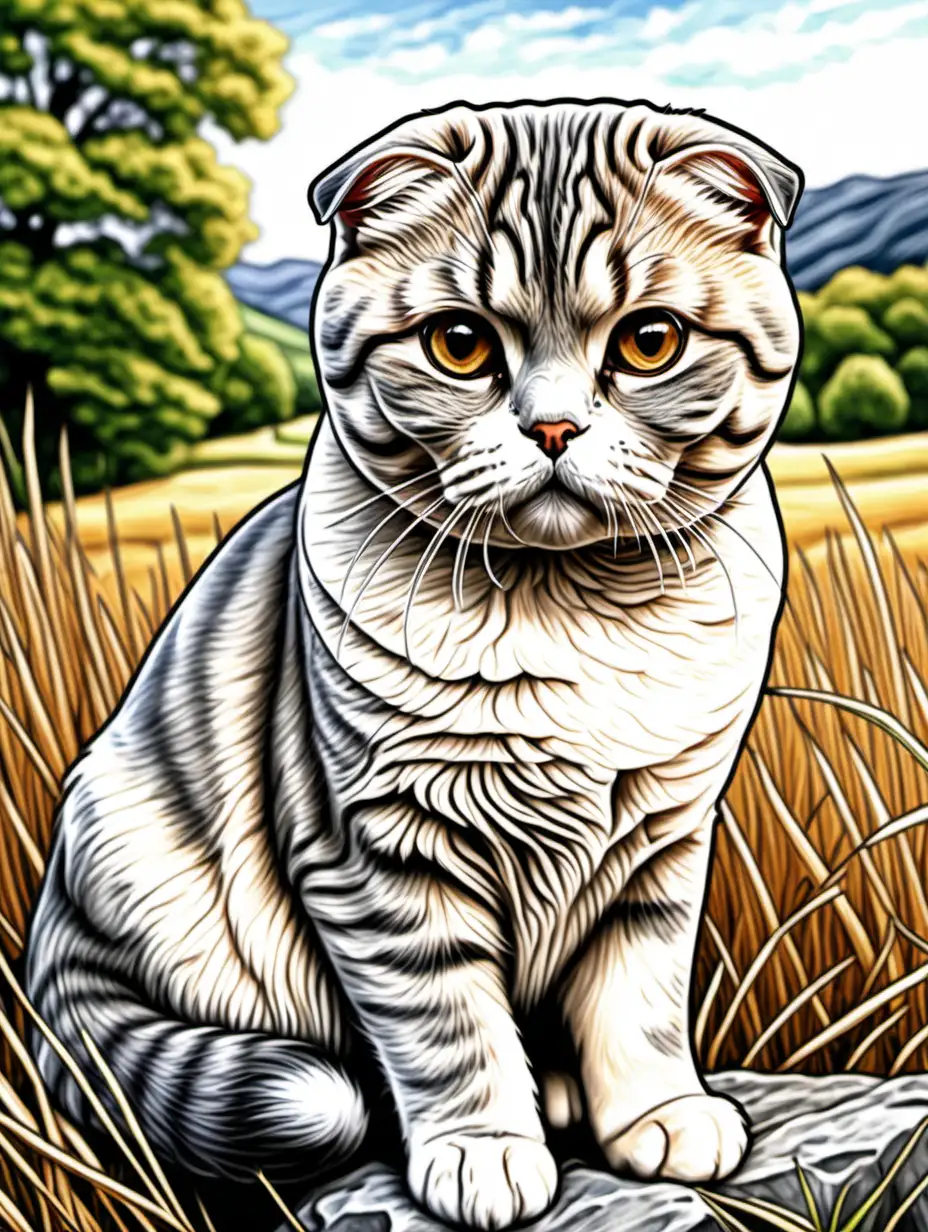 High quality fully-colored colored pencil highly-detailed illustration with greyscale:: scottish fold cat sitting in scottish countryside:: adult coloring book page thin black lines, 1 bit line art coloring book, only draw outlines, crisp, thick outlines, use up the entire screen