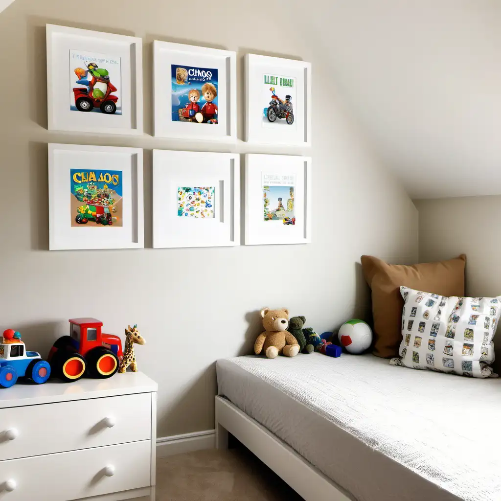 Little boys bedroom, calming, cosy, bright and airy, horizontal picture frames on wall, 4:3 picture frame white, few toys on floor, reading nook —chaos 50