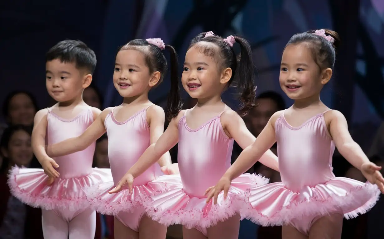(((Gender role-reversal))), Photograph of four little Vietnamese children all in silky pink ballerina leotards and frilly tutu dresses and pink socks, they are dancing on stage for their parents, the children are 3 girls with long hair in ponytails and 1 shy boy with short hair shaved on the sides, adorable, perfect children faces, perfect faces, clear faces, perfect eyes, perfect noses, smooth skin, photograph style