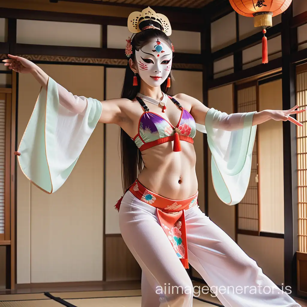 A very slender dancer wearing a Noh mask and enticing herself while belly dancing, navel piercing, kimono, belly dance clothes, a Japanese-style house