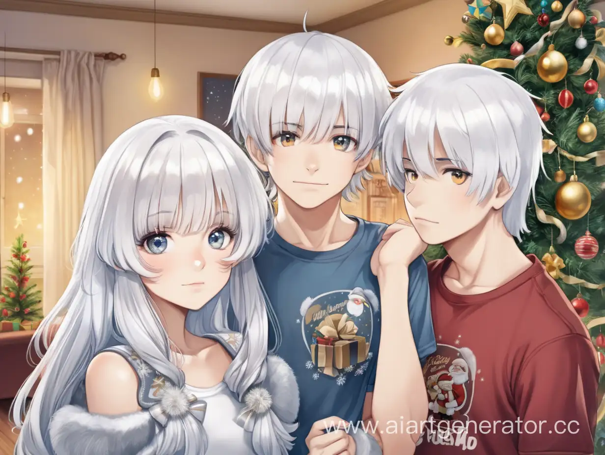 девушка с белыми волосами в новом году дома
2 молодых парня рядом с девушкой
украшения, ёлка, гирлянда
