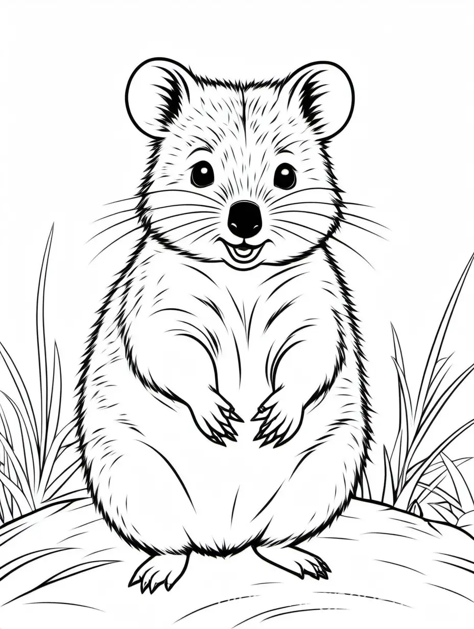 Baby Quokka , Coloring Page, black and white, line art, white background, Simplicity, Ample White Space. The background of the coloring page is plain white to make it easy for young children to color within the lines. The outlines of all the subjects are easy to distinguish, making it simple for kids to color without too much difficulty