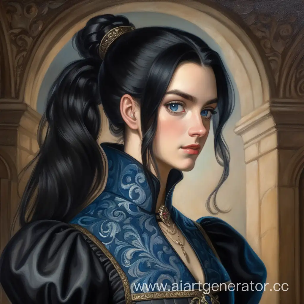 aristocrat with black hair in a ponytail, with blue eyes, in a black medieval dress, portrait