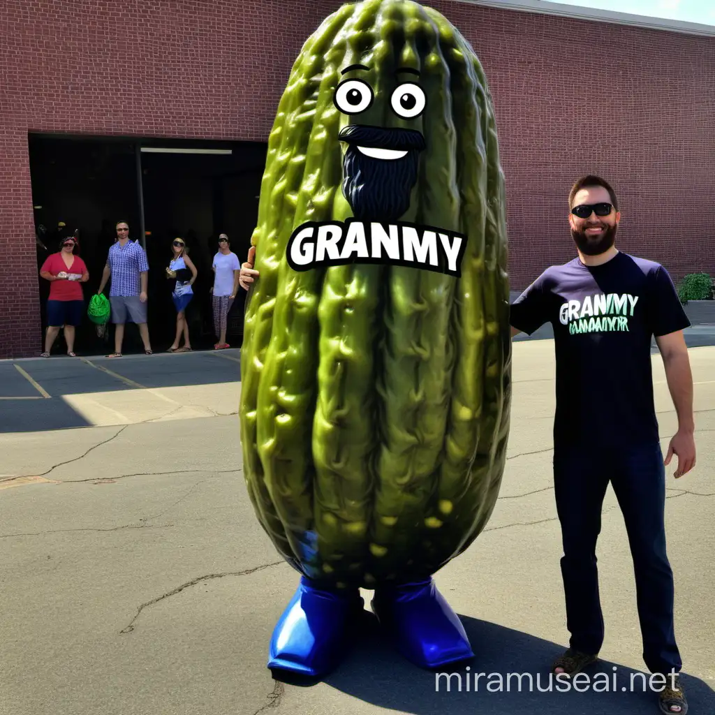 a giant pickle with human feet posing for a picture with a bearded guy that has a shirt that says "Granamyr" on it