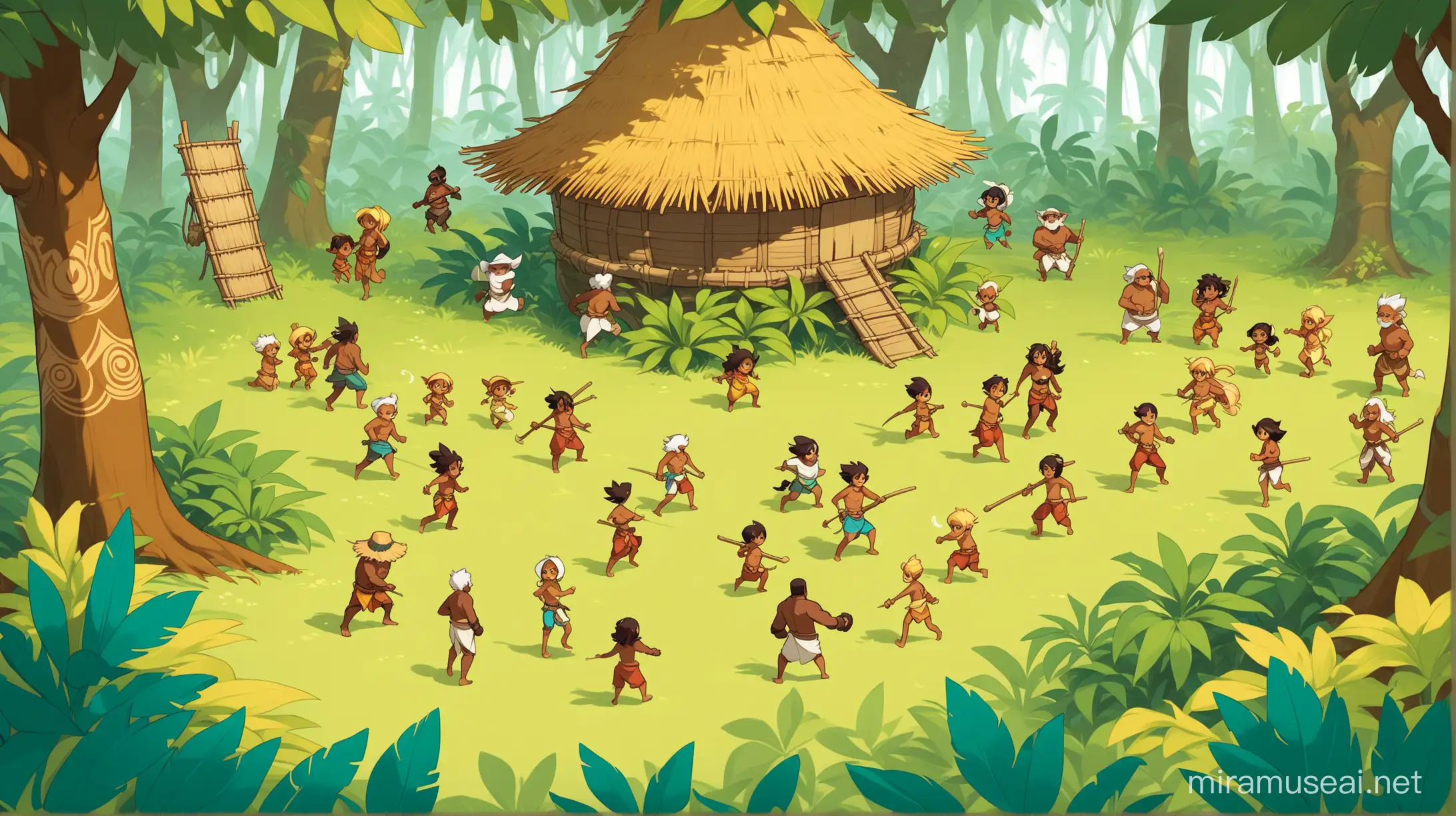 un plan d'ensemble d'une forêt avec des personnage. Des personnages humains (de tout âges) qui sont de type mélanésien en tenu de paille et torse nu. Ces personnes font des actions random. L'illustration  est de style de wakfu. 