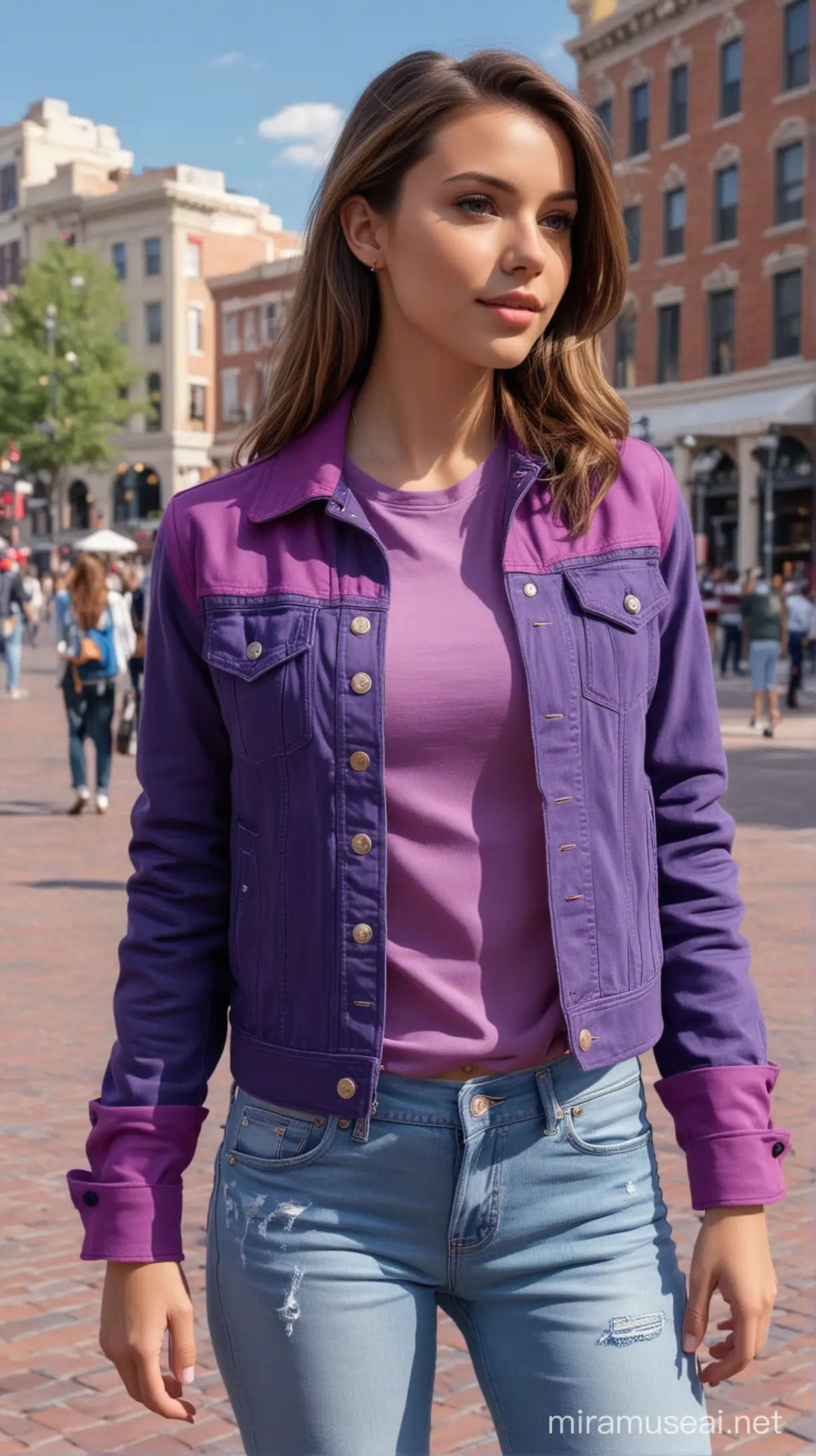 4k Ai art front view beautiful USA girl ear tops multiple colour jeans and purple jacket in USA town square