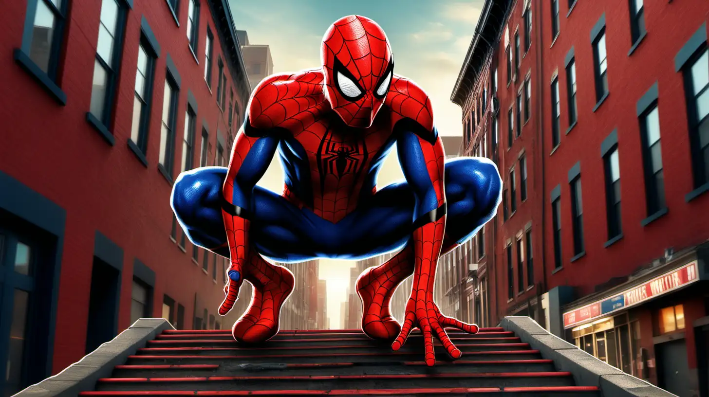 Spiderman Swinging through Cityscape at Dusk Action Movie Poster