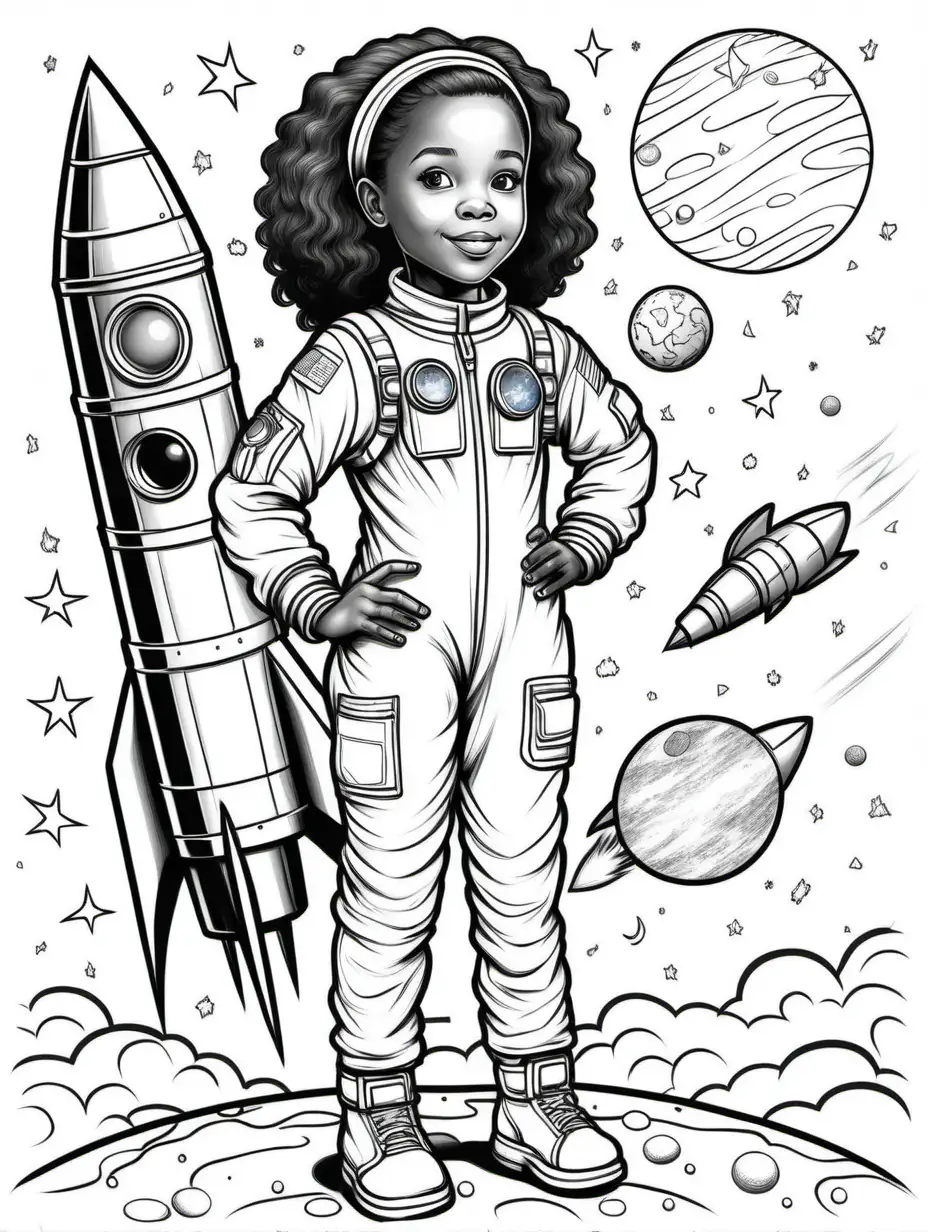 coloring book page, lineart, with 10 year old african american girl in full body as a astronaut standing near a rocket