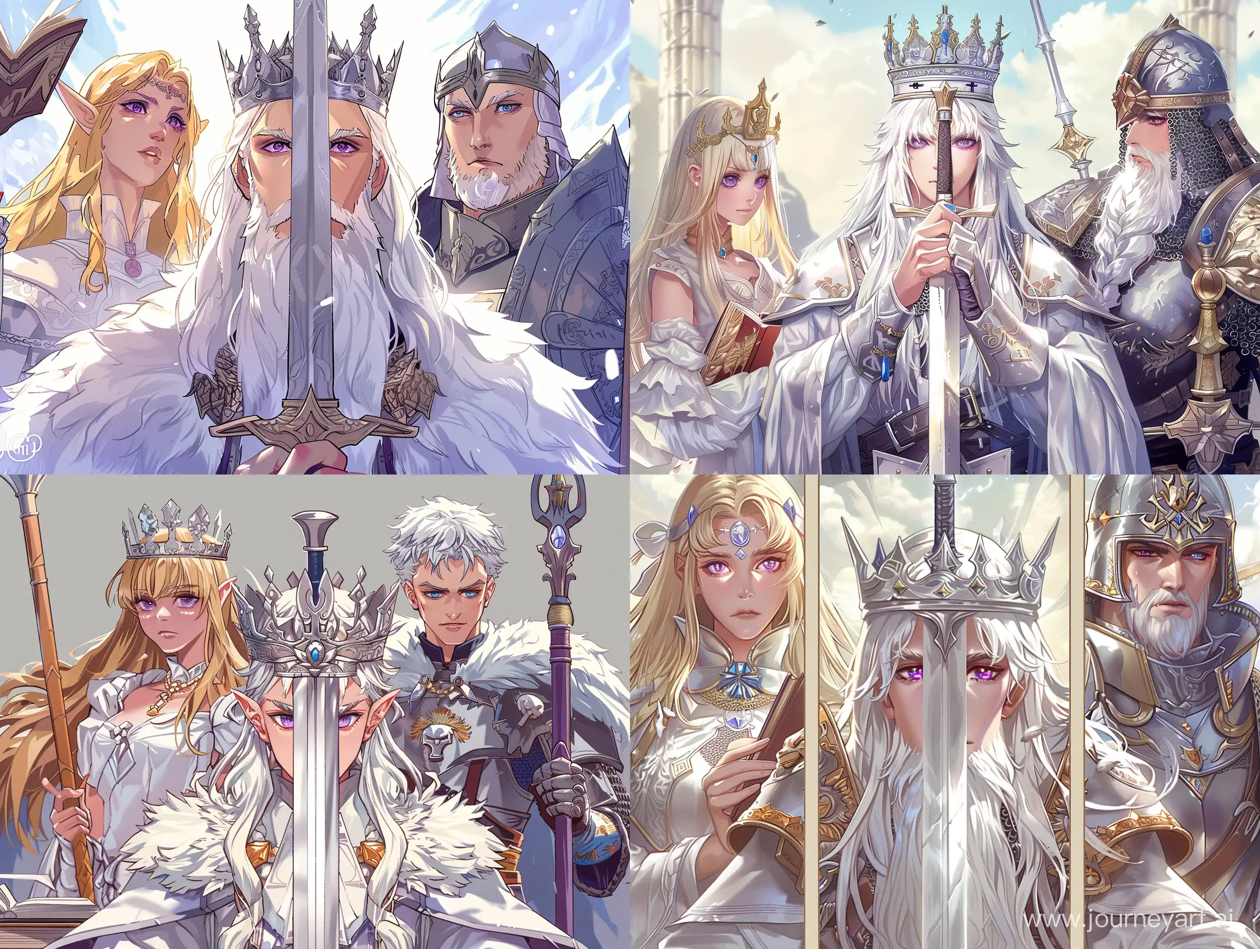 Draw art: in the center is a young man with a white beard in a silver crown, with long and snow-white hair, violet eyes, holding a sword vertically down with two hands. To the left of the man in the crown stands a beautiful girl in white and elegant attire with golden long hair and violet eyes, she looks to the left of the man with her head raised and holds a book in her hands. To the right of the man in the crown stands a warrior completely clad in armor, but there is no helmet on his head, he has medium-length snow-white hair and blue eyes, he looks with his head raised to the right of the man in the crown and holds a shield and spear in his hands. All this is not in the anime style, but in the style of the game Crusader kings 3.