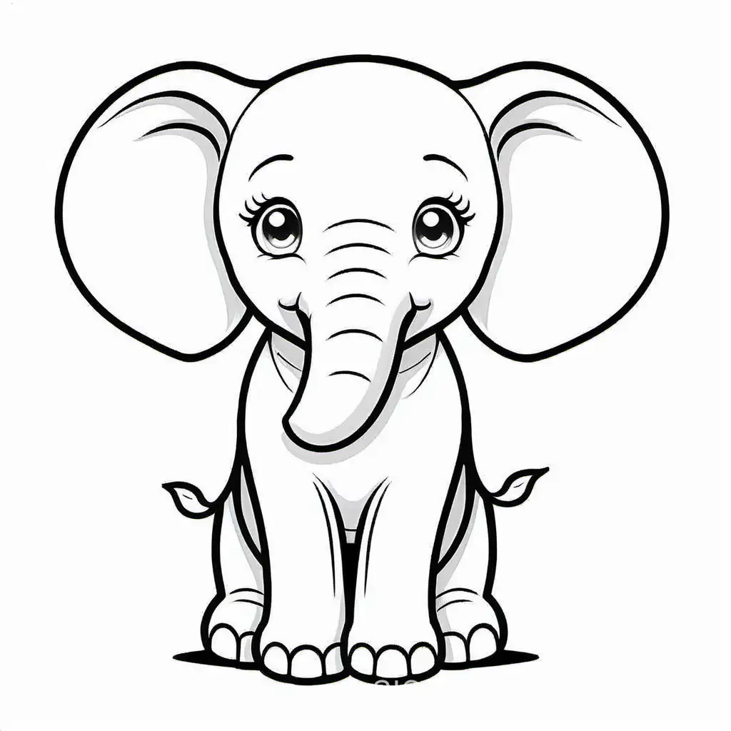 Baby elephant, Coloring Page, black and white, line art, white background, Simplicity, Ample White Space. The background of the coloring page is plain white to make it easy for young children to color within the lines. The outlines of all the subjects are easy to distinguish, making it simple for kids to color without too much difficulty