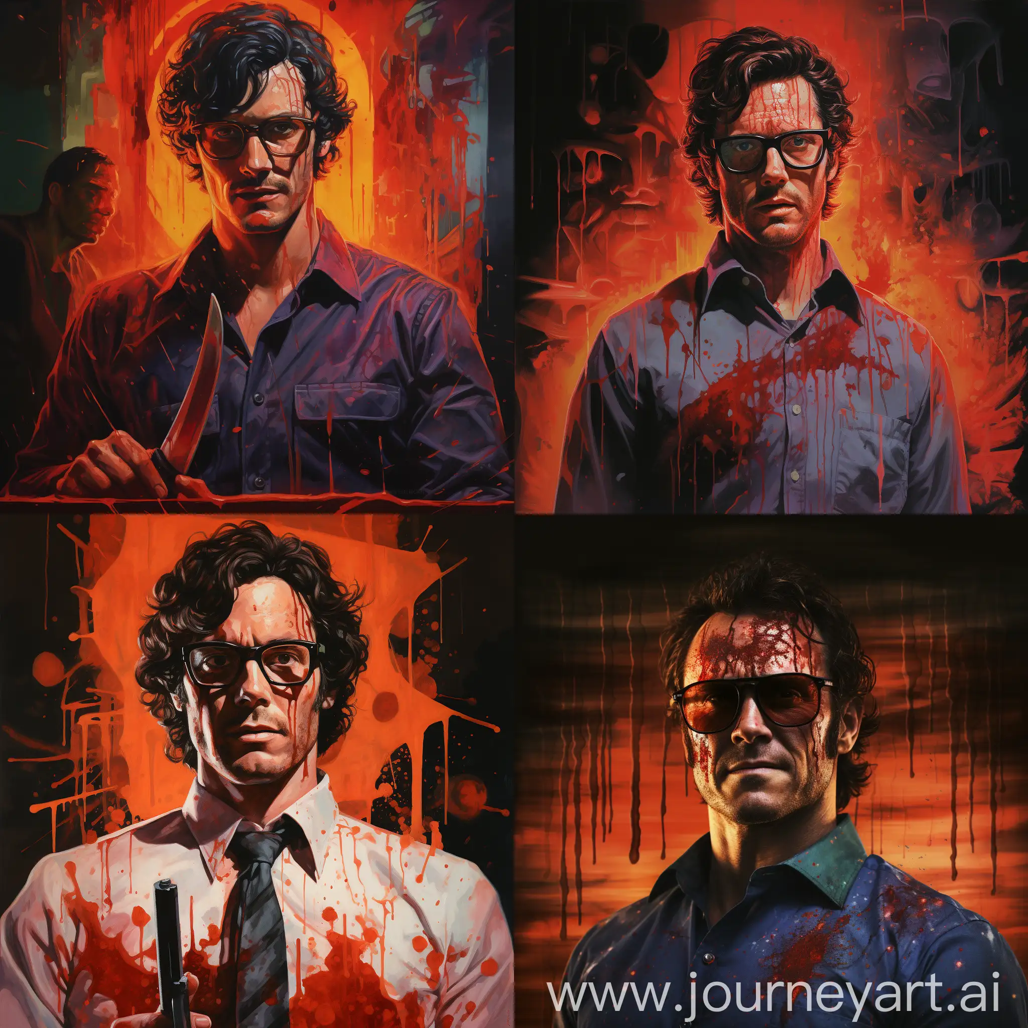 A photorealistic portrayal of a 1970's serial killer with oversized eyeglasses and a menacing knife, blood spatter details, vibrant colors reminiscent of a cinematic scene --s 150 --ar 1:1 --c 5 --v 5.2