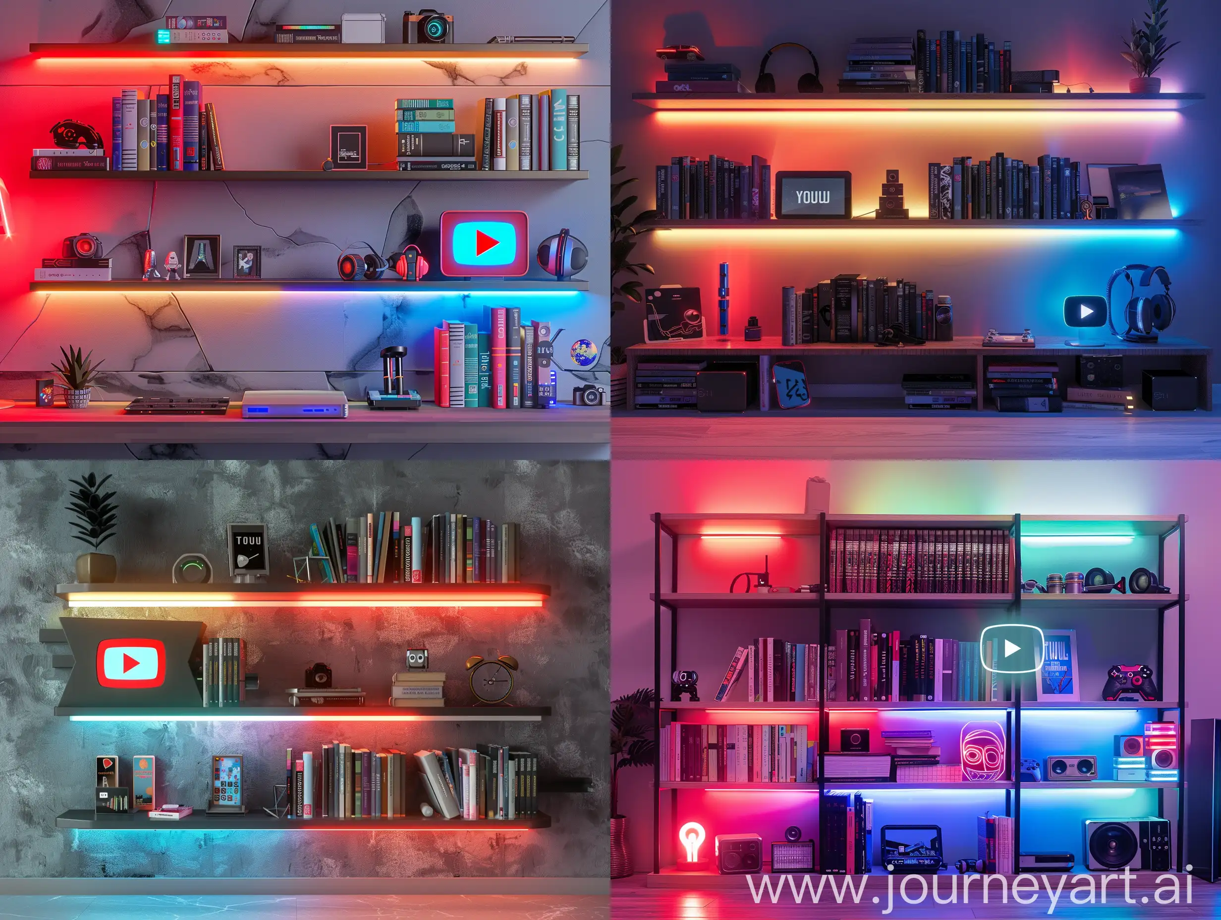 Design a beautiful looking wall for a YouTube video that has a good RGB light setup it has a nice book shelve with some books with a YouTube play button on one of the book shelve and some tech gadgets on the shelve